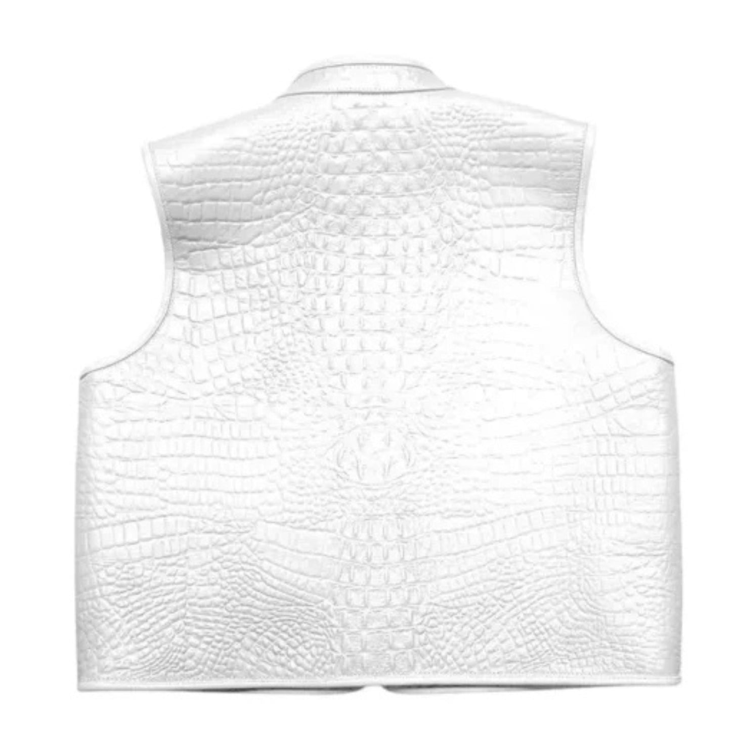 “Men’s premium white leather biker vest with bold rugged motorcycle design.”