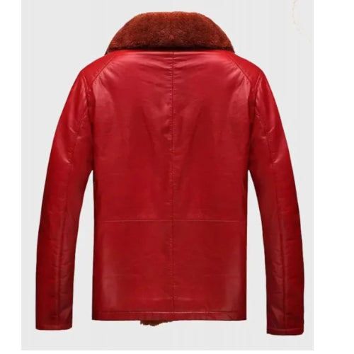 Red Men’s Shearling Jacket featuring premium leather, soft shearling lining, and a bold design for warmth and modern winter style.
