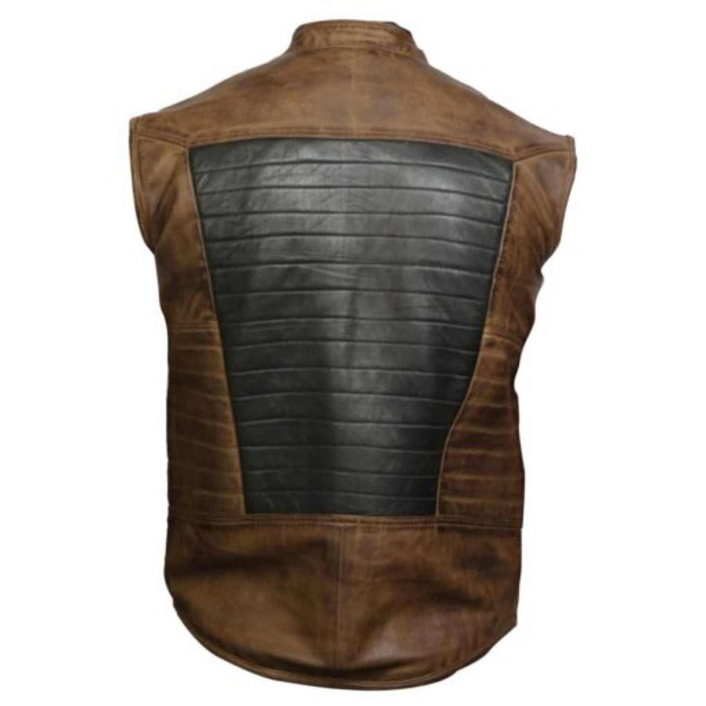 Men’s brown and black dual-tone leather vest in classic fit with front closure design.