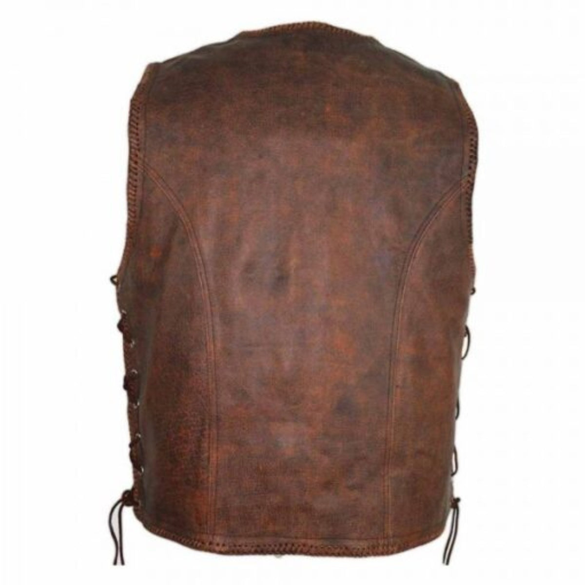 “Men’s brown cowhide leather biker vest with classic rugged motorcycle design and durable finish.”