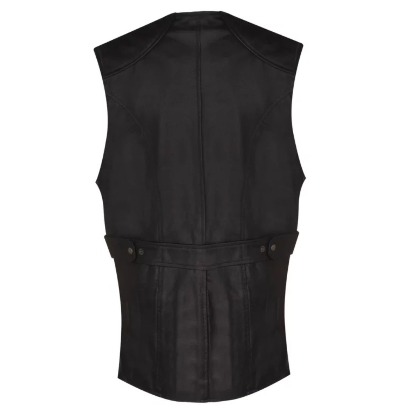 Men’s black cowhide leather vest in classic rugged style with front closure and pockets.