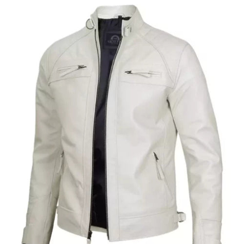 Men’s Classic Quilted Café Racer Leather Jacket featuring premium genuine leather, quilted shoulders, and a sleek biker design for a bold and timeless look.