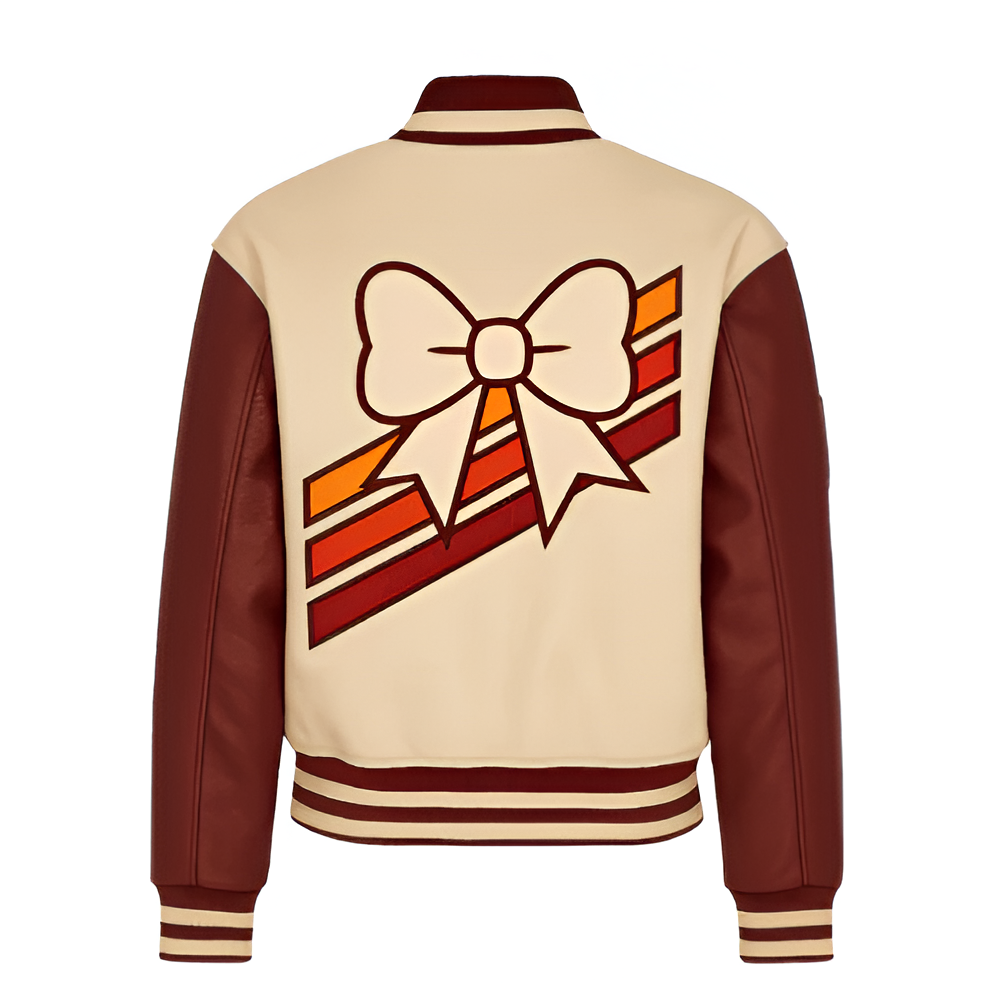 Step Into Sophistication with the Beige V Patch Wool Varsity Jacket