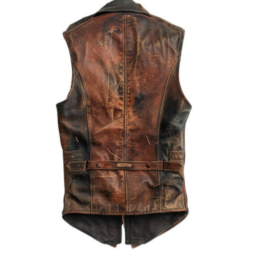 Men’s Brown Vintage Distressed Leather Vest featuring a rugged, timeless design crafted from premium leather for a classic and stylish look.