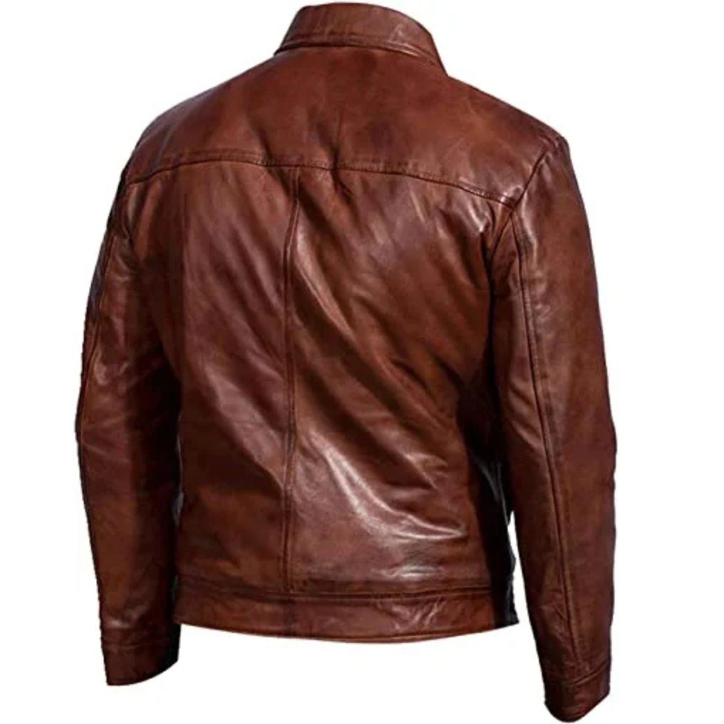 “Men’s cafe racer retro brown leather jacket with classic biker style and zippered pockets”