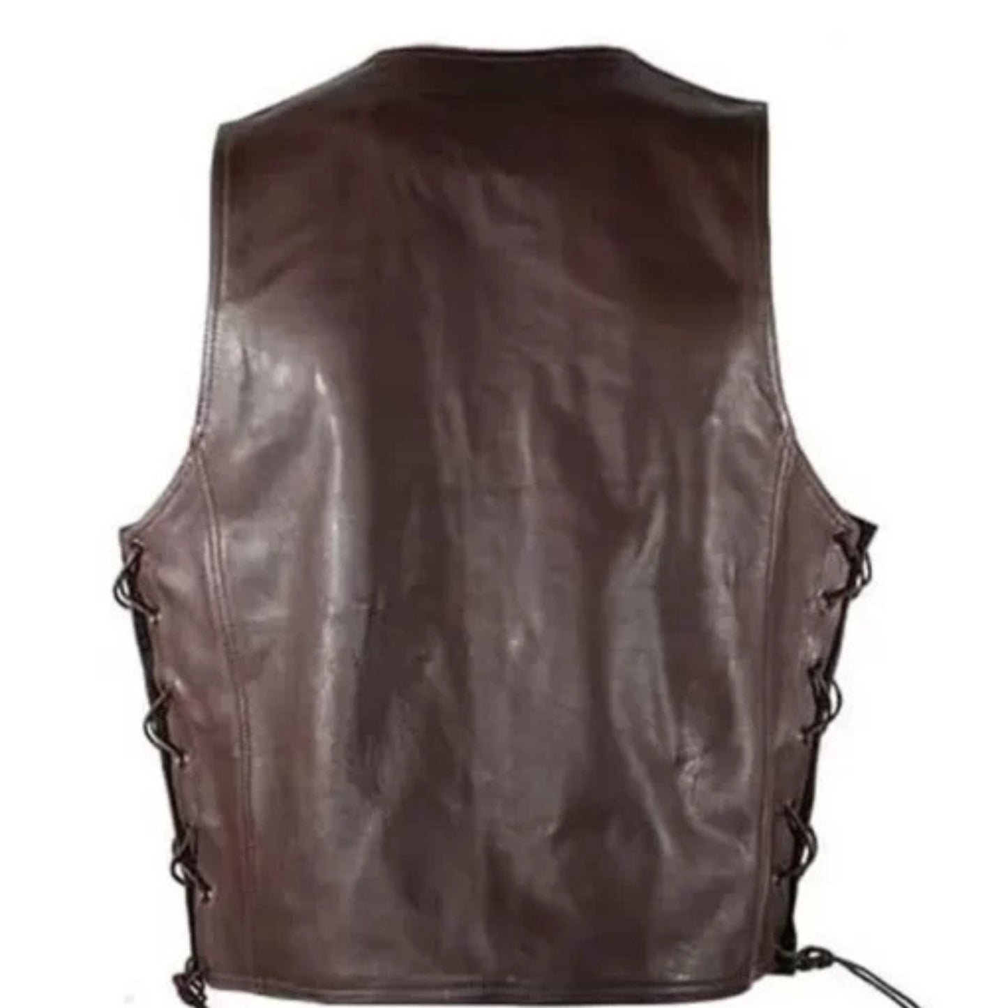 “Men’s dark brown leather motorcycle vest with rugged biker style and durable premium finish.”
