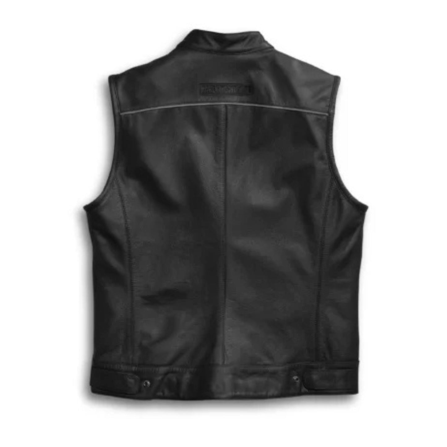 “Men’s Foster black leather vest with classic rugged design and biker style.”