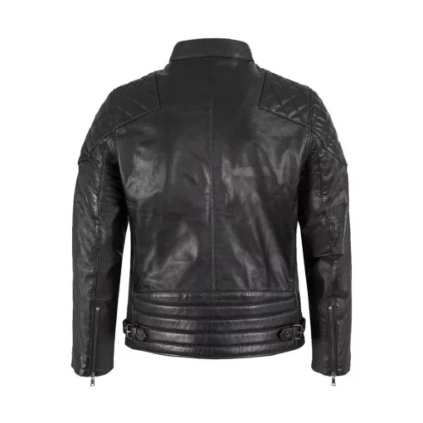 “Men’s padded black cafe racer leather jacket with quilted shoulders and classic biker style front zip design”