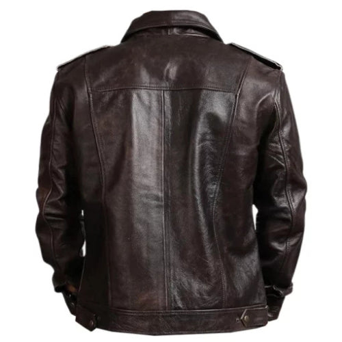 Classic men’s dark brown vintage style leather jacket with zipper closure, shirt collar, and elegant retro design for timeless fashion.