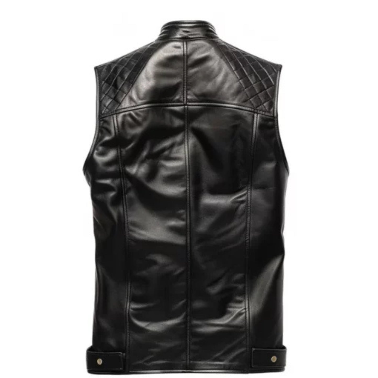 Men’s black quilted leather vest with sleek modern fit and tailored design.