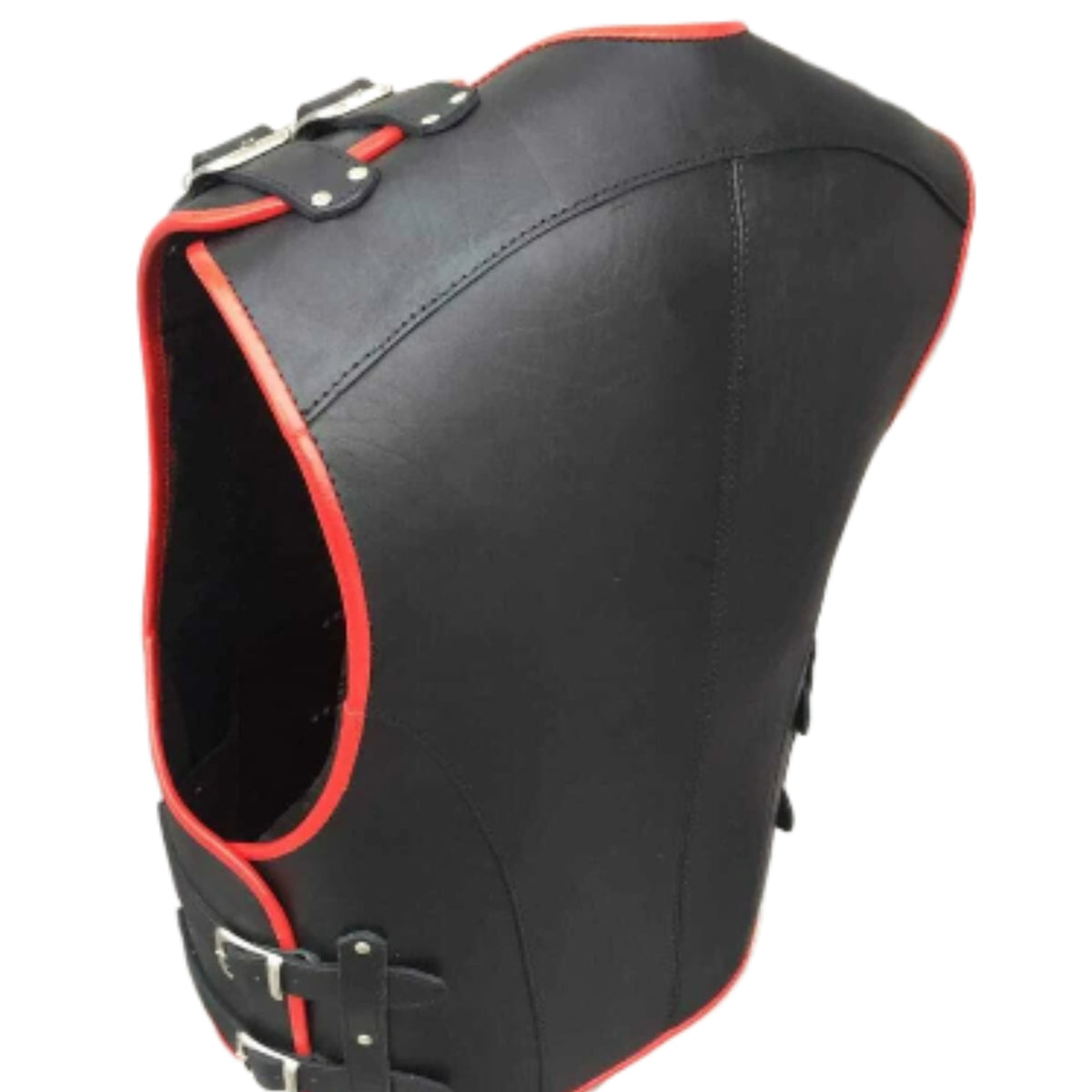 "Men’s red-striped black leather biker vest with bold motorcycle style"