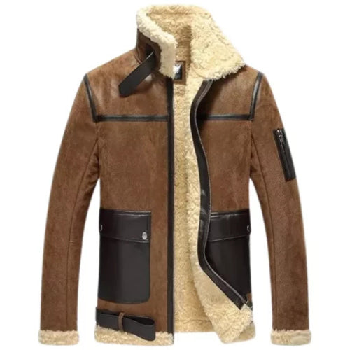 Men’s leather aviator motorcycle bomber jacket with shearling lining, featuring a classic fit and rugged style for adventurous rides.