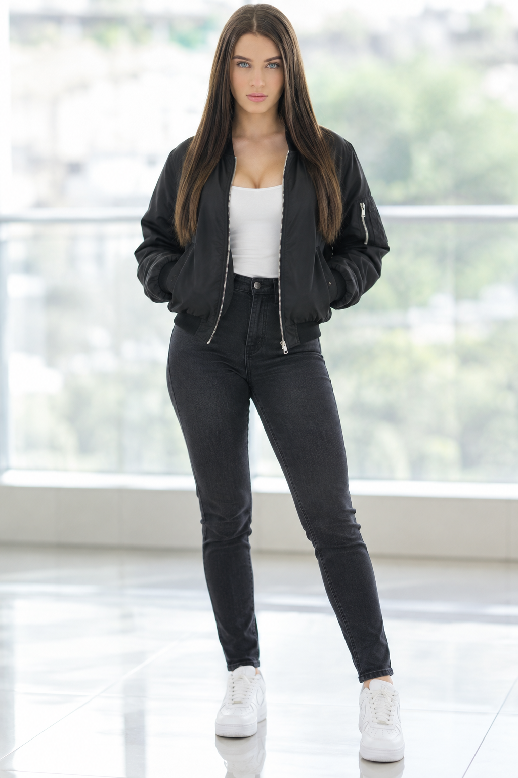 Shop Lana Rhoades Stylish Black Bomber Jacket