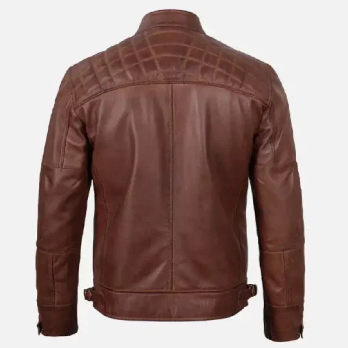 Man wearing men’s slim fit brown café racer leather jacket