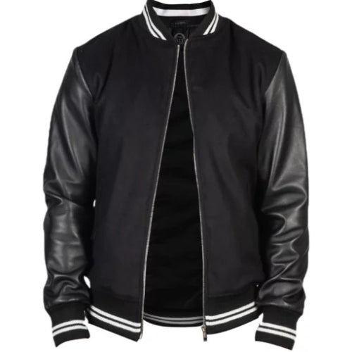 Stylish man wearing the Harrison Black Varsity Jacket, featuring a sleek black body with contrasting sleeves, ribbed cuffs, and a classic sporty design perfect for modern streetwear.