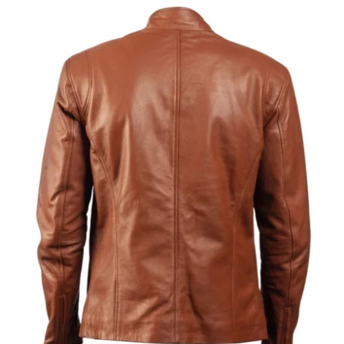 Men’s brown leather fashion jacket featuring premium genuine leather, classic heritage design, sleek zipper closure, and timeless vintage style for a refined modern look.