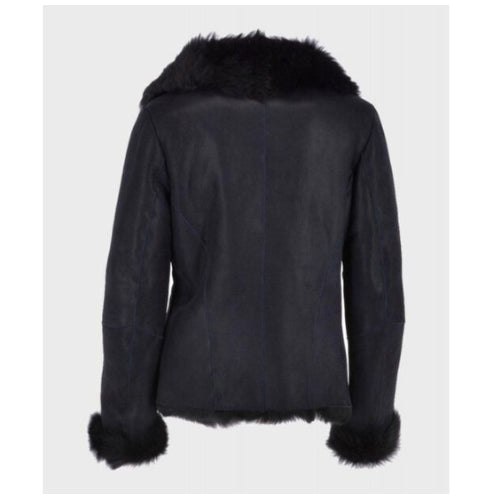 Women’s Black Shearling Jacket featuring premium leather, soft shearling lining, and a sleek design for warmth and stylish winter wear.