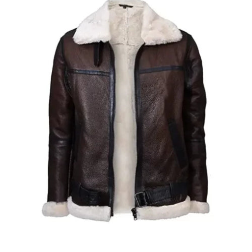 Men’s B3 shearling leather aviator jacket in dark brown, featuring premium sheepskin, soft shearling lining, and classic WWII bomber style for warmth and timeless elegance.