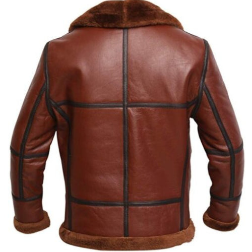 Man wearing the Men’s RAF British Shearling Aviator Jacket featuring premium brown leather, soft shearling lining, and classic RAF-inspired detailing for a warm and stylish winter look.
