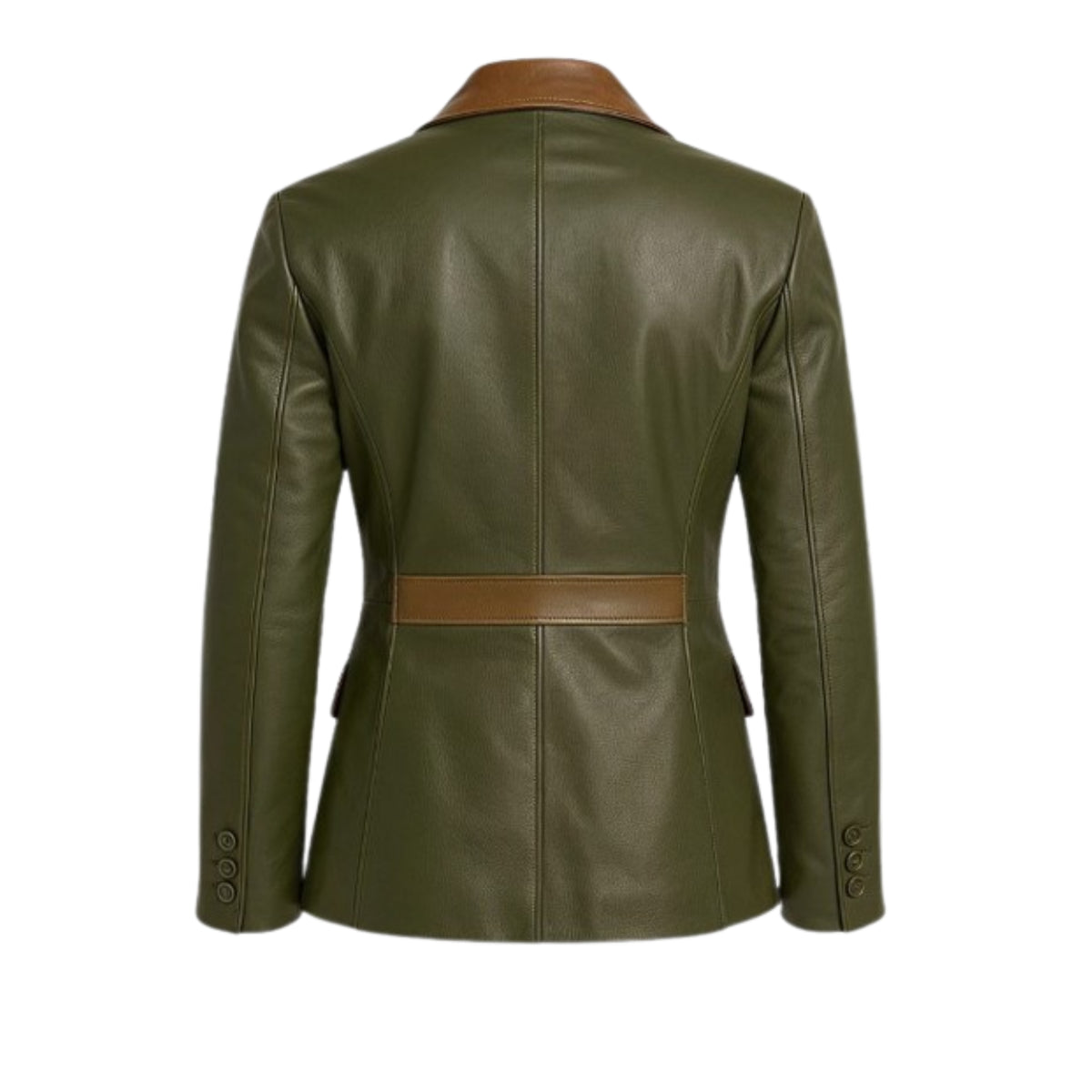 Women’s premium olive green lambskin leather blazer with a luxurious finish and elegant tailored design.