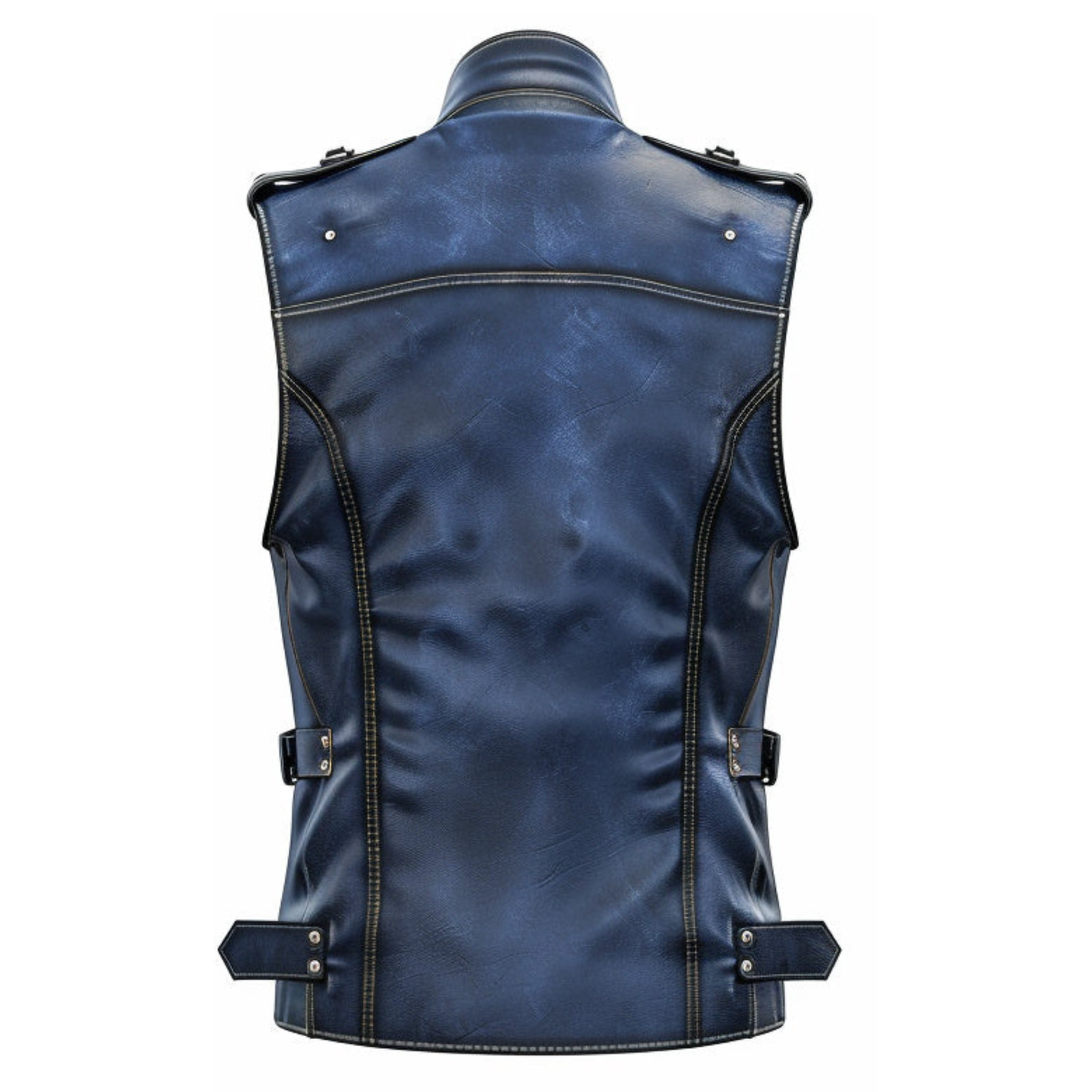Men’s blue distressed leather vest in rugged vintage style with classic fit design.