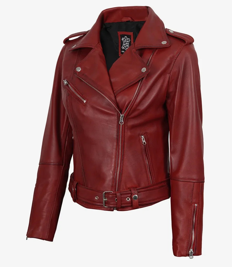 Margaret Women's Red Asymmetrical Biker Style Leather Jacket
