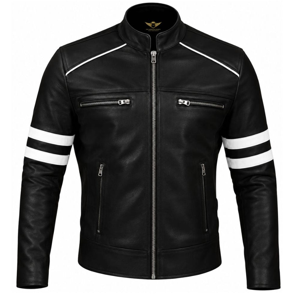 Men’s Black Café Racer Retro Leather Jacket – Classic Biker Style
