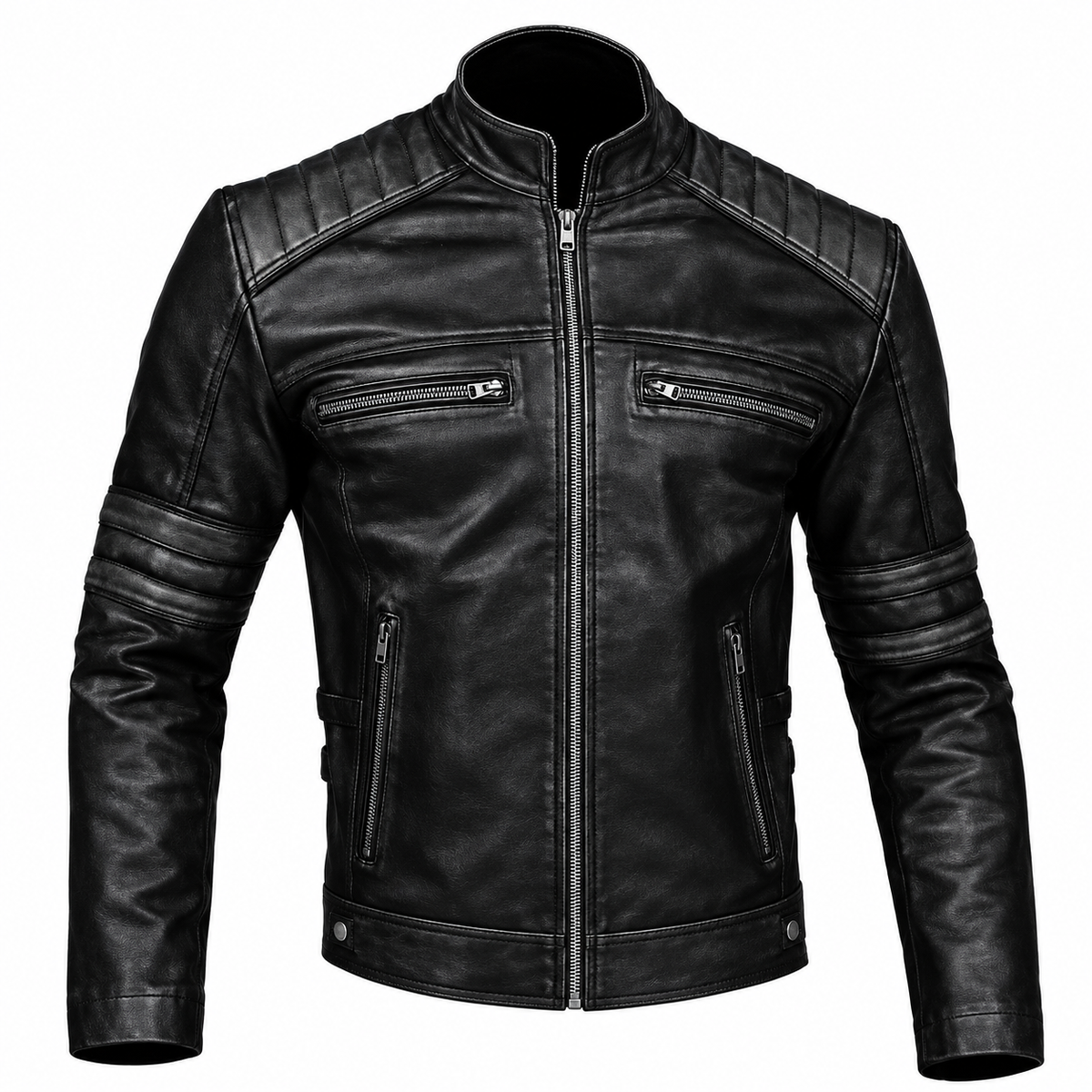Men’s Distressed Vintage Café Racer Leather Biker Jacket – Classic Retro Motorcycle Style
