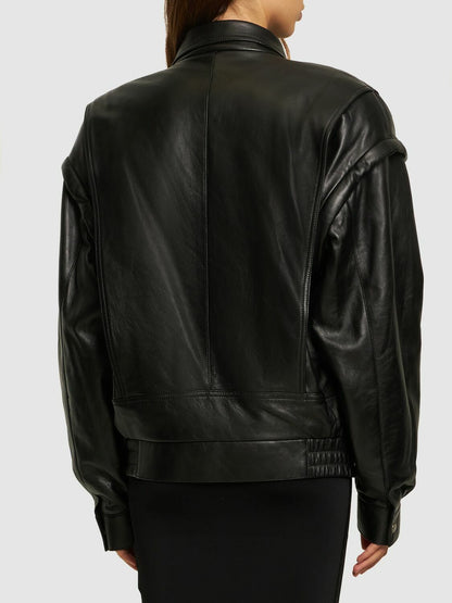 Bella Hadid Black Leather Bomber Jacket