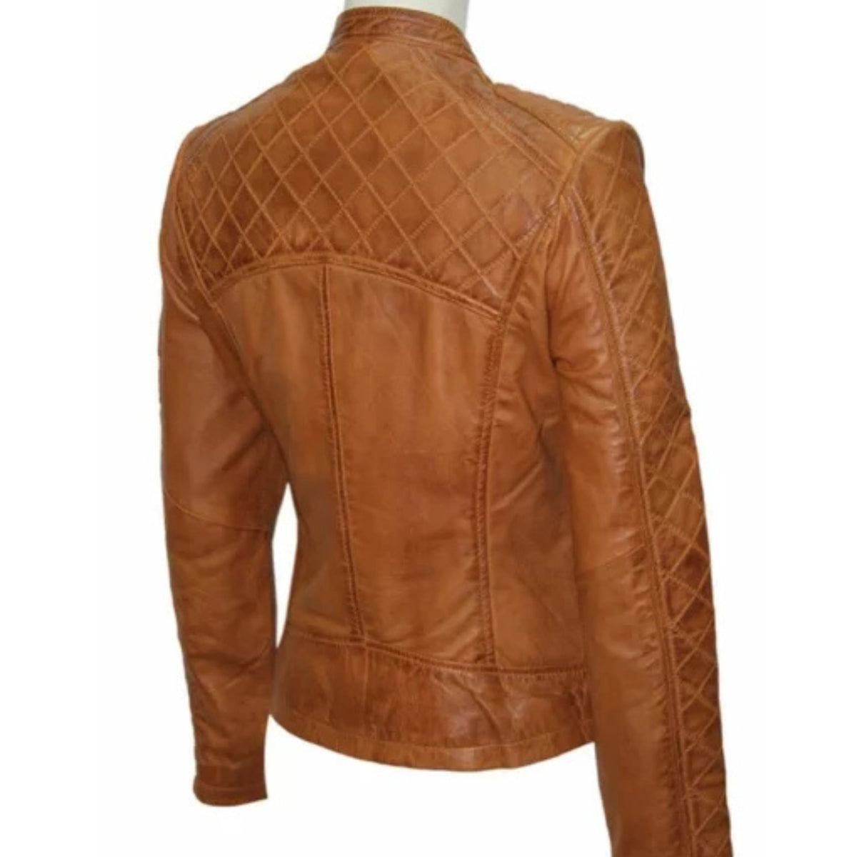Women’s slim fit brown quilted leather jacket with sleek tailored design and modern style