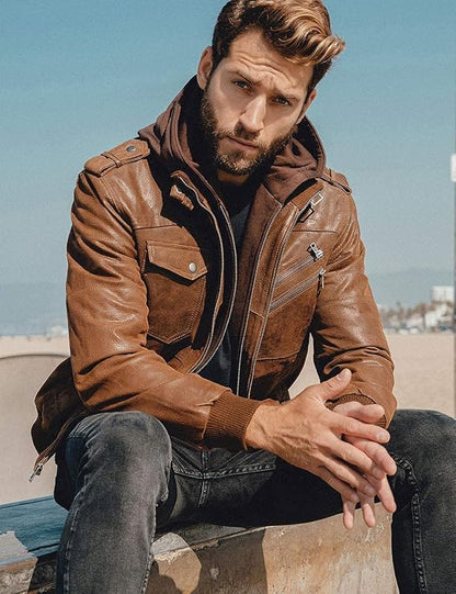 FLAVOR Men's Leather Jacket Men's Jacket with Detachable Hoodie Jacket