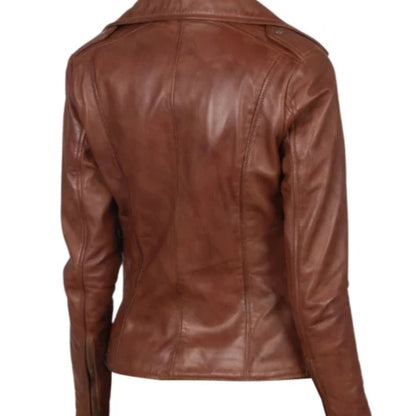 Elegant women’s asymmetrical moto jacket with sleek modern fit and stylish design
