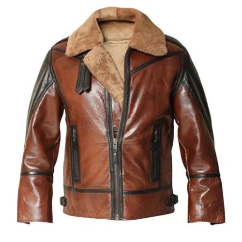 Authentic Men’s B3 Brown Shearling Aviator Jacket featuring genuine leather exterior, soft shearling lining, and classic flight-inspired design for superior warmth and timeless style.