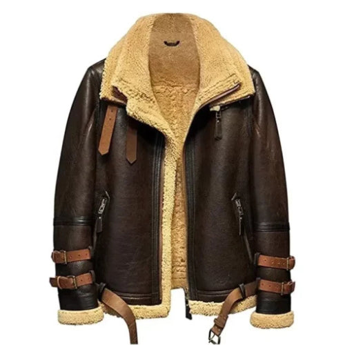 Authentic Men’s B3 Shearling Leather Aviator Jacket featuring genuine leather exterior, plush shearling lining, and classic flight-inspired design for ultimate warmth and timeless style.