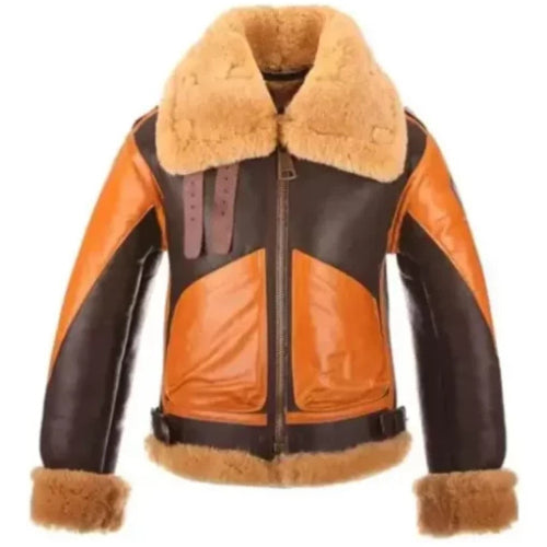 Authentic RAF B3 Aviator Shearling Jacket in Brown featuring genuine leather exterior, soft shearling lining, and classic aviator design for premium warmth and vintage style.