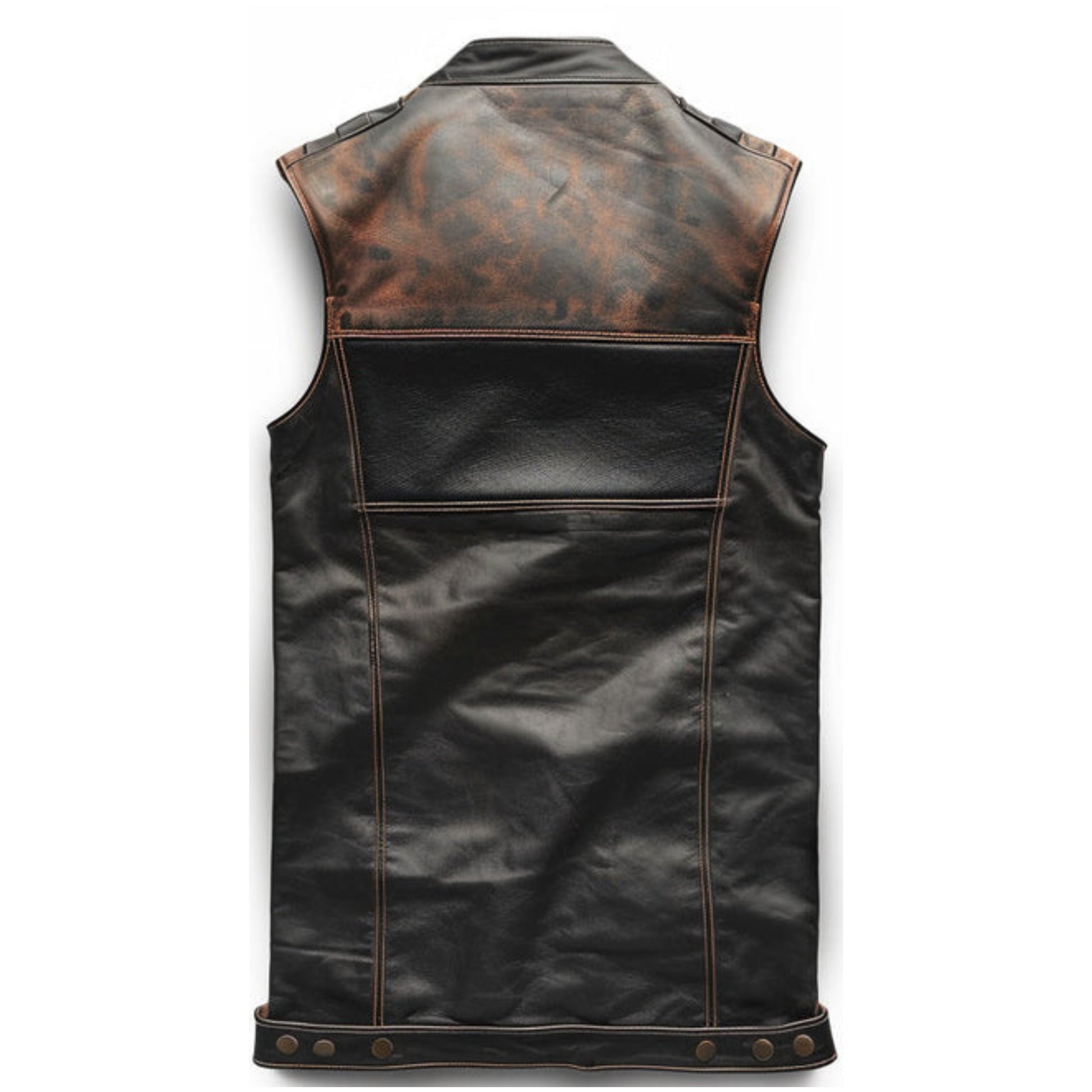 “Men’s brown and black distressed motorcycle leather vest with rugged biker design and multiple pockets.”