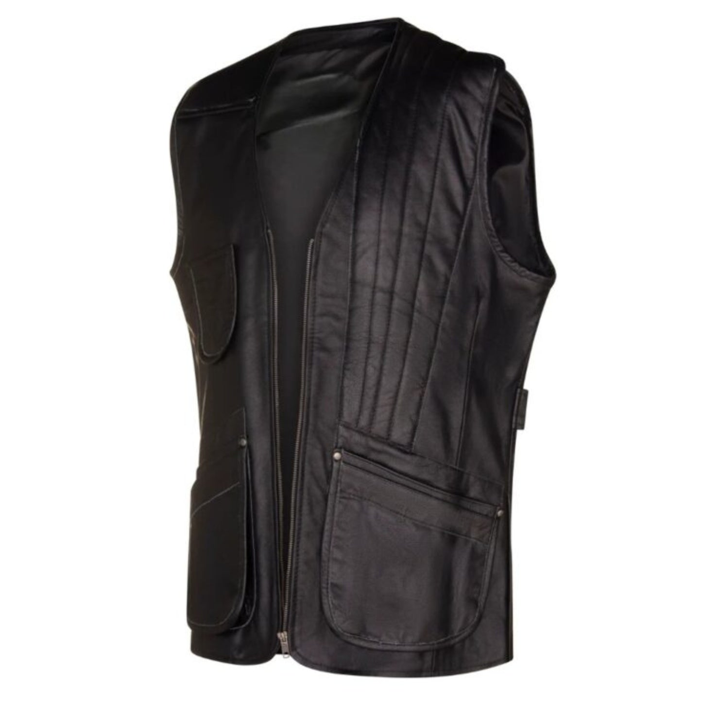 Black quilted leather vest for men featuring a sharp tailored fit and modern sleek design.