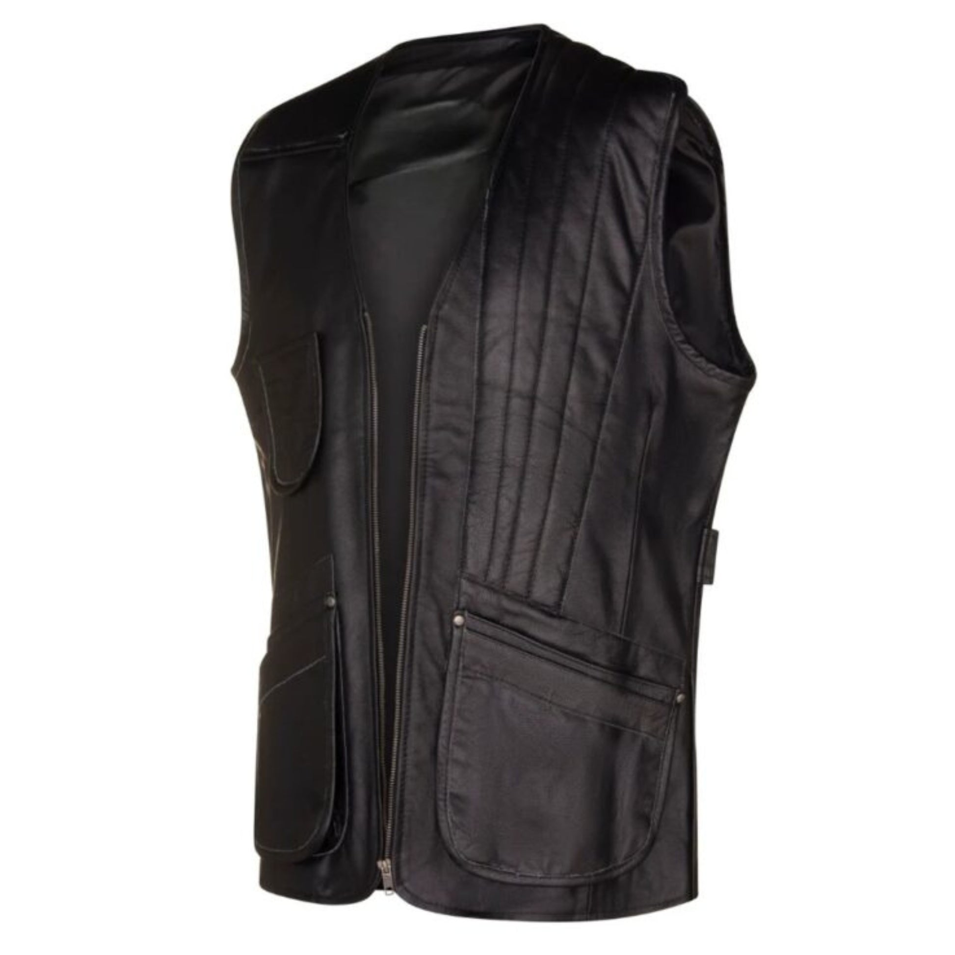 Black quilted leather vest for men featuring a sharp tailored fit and modern sleek design.