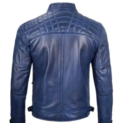 “Men’s blue cafe racer leather jacket with slim fit and zipper details”