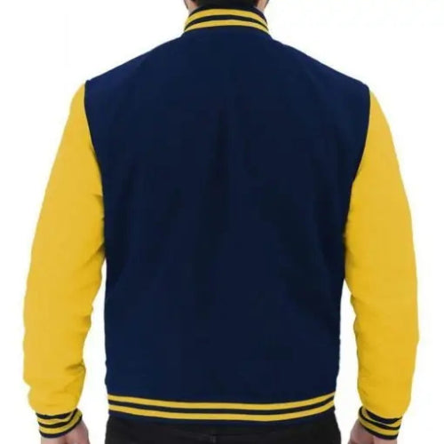Stylish Blue and Yellow Varsity Leather Jacket featuring premium craftsmanship, sporty design, and vibrant color contrast for a bold and modern look.