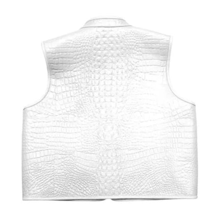 “Men’s premium white leather biker vest with bold rugged motorcycle design.”