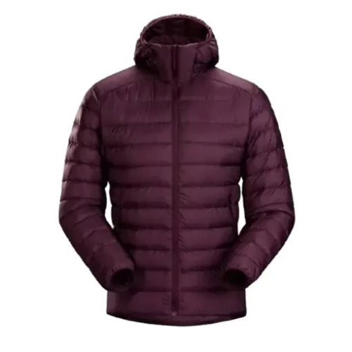 Men’s Burgundy Puffer Jacket featuring bold color, lightweight warmth, and modern winter style.