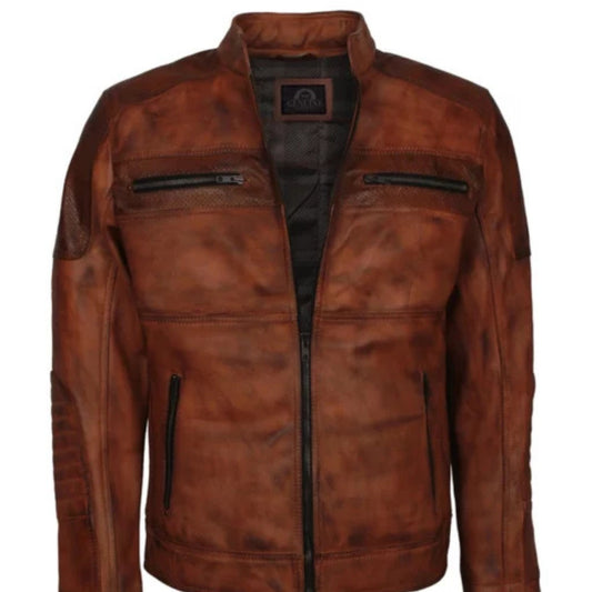 "Brown cafe racer motorcycle jacket for men with classic biker style"