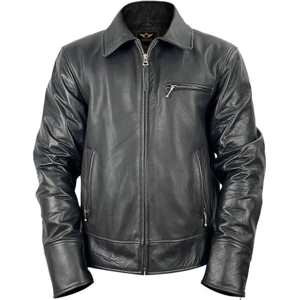 Classic Charm Men’s Jet-Black Leather Harrington Jacket
