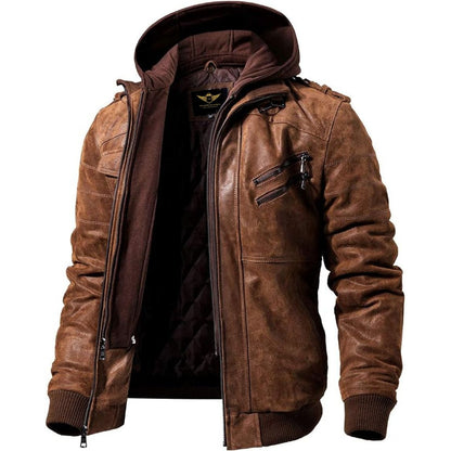 FLAVOR Men's Leather Jacket Men's Jacket with Detachable Hoodie Jacket
