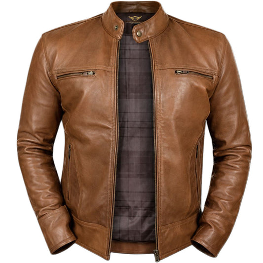 Road Spirit Men’s Camel Brown Dodge Leather Biker Jacket