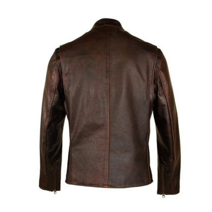 Men’s Schott brown cafe racer leather jacket with classic biker style design