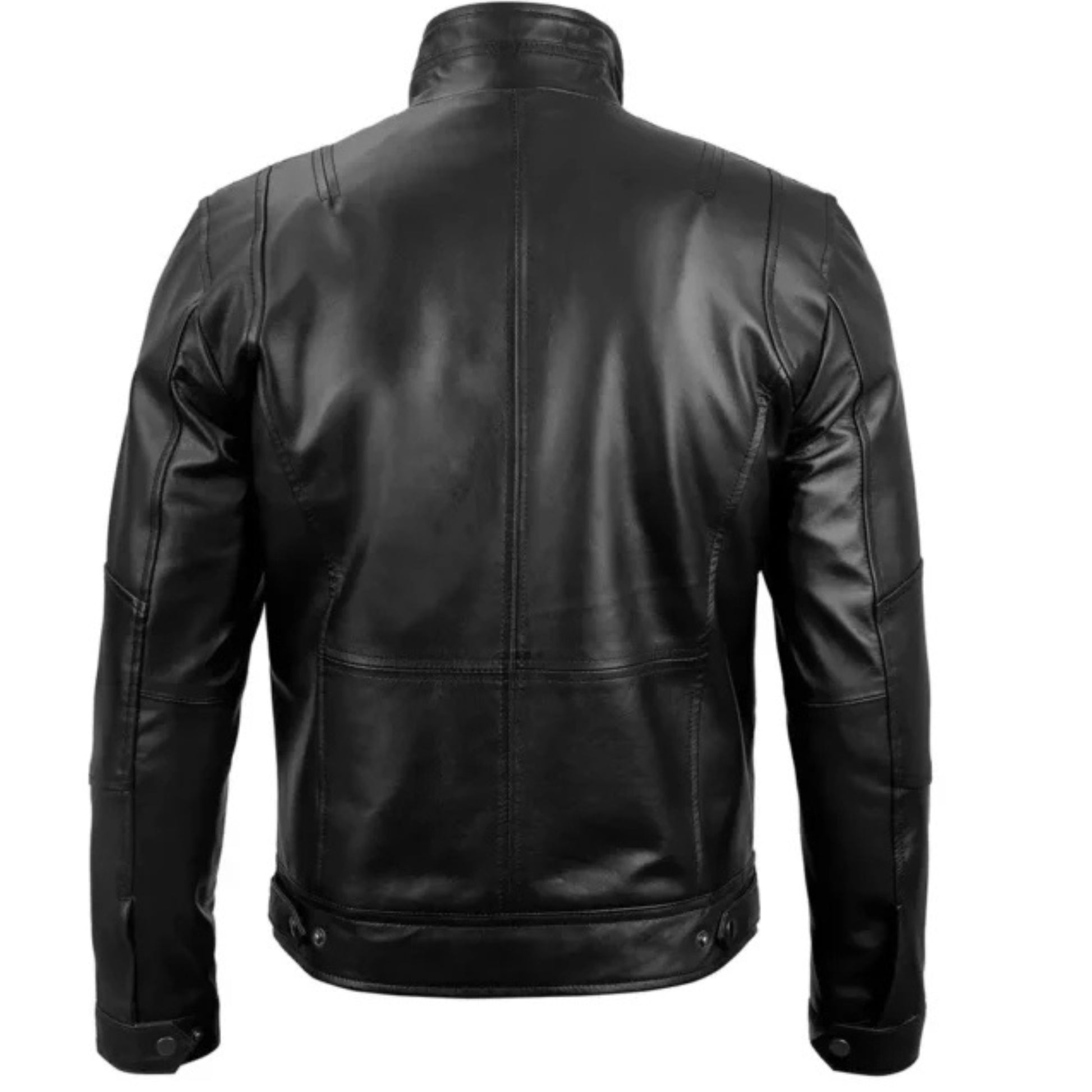 “Men’s black leather cafe racer jacket with classic biker style and zip details”