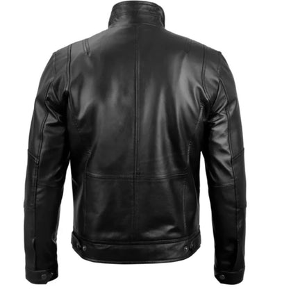 “Men’s black leather cafe racer jacket with classic biker style and zip details”