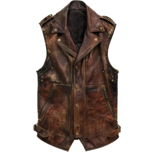 Men’s Amell Vintage Distressed Brown Leather Vest featuring a rugged, classic design crafted from genuine leather with a weathered finish for timeless appeal and masculine style.